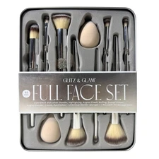 Glitz & Glam Silver Rhinestone 11 Piece Full Face Makeup Brush Sponge Gem Set