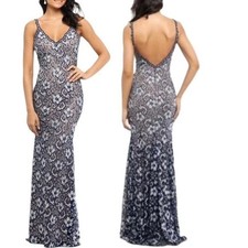 XSCAPE Embellished Crystal Stretch Lace Evening Dress Navy Size 6 retail $280