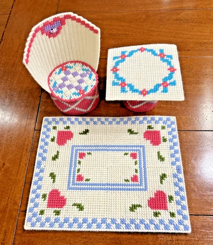 VTG Handmade Plastic Canvas Needlepoint Barbie Doll Furniture-Table, Chair, Rug