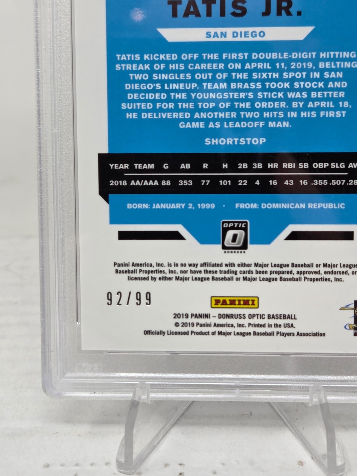 2019 Optic Pandora Purple Refractor FERNANDO TATIS JR RC CARD /99 PSA 9 MINT view 2