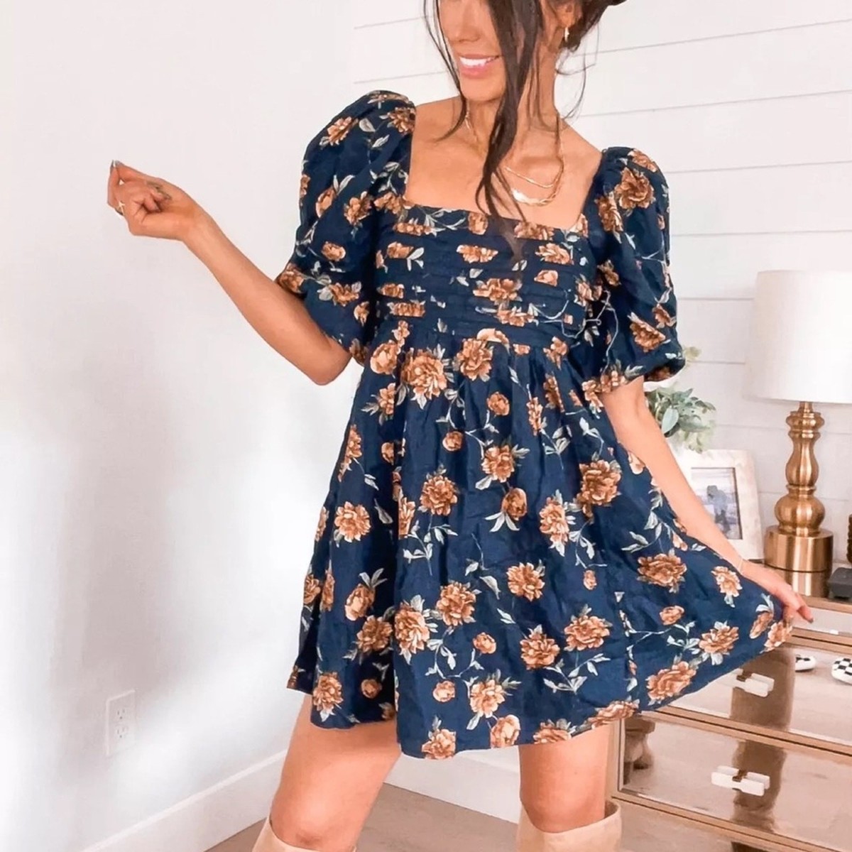 Women's The A&F Emerson Linen-Blend Puff Sleeve Mini Dress in Navy Floral | Size Xs | Abercrombie & Fitch