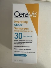 Cerave Hydrating Sheer Sunscreen SPF 30 for Face and Body Mineral Sunscreen