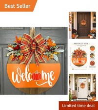 Wooden Fall Door Sign with Pumpkin Design Plaid Bow 12-Inch Round Decor