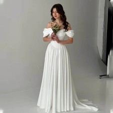 Satin A Line Wedding Dress V-shape Off Shoulder Pleat Sweetheart Bridal Gown