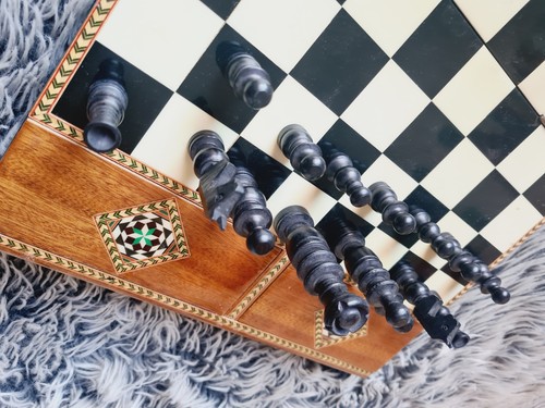 Vintage inlaid Marquetry chess Wooden Hand Crafted (1× Pawn Missing) - Foto 12 di 12