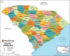 South Carolina Counties Map - Standard - 36" x 29" Laminated