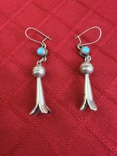 Navajo Old Pawn Sterling Silver Turquoise Squash Blossom Dangle Earrings