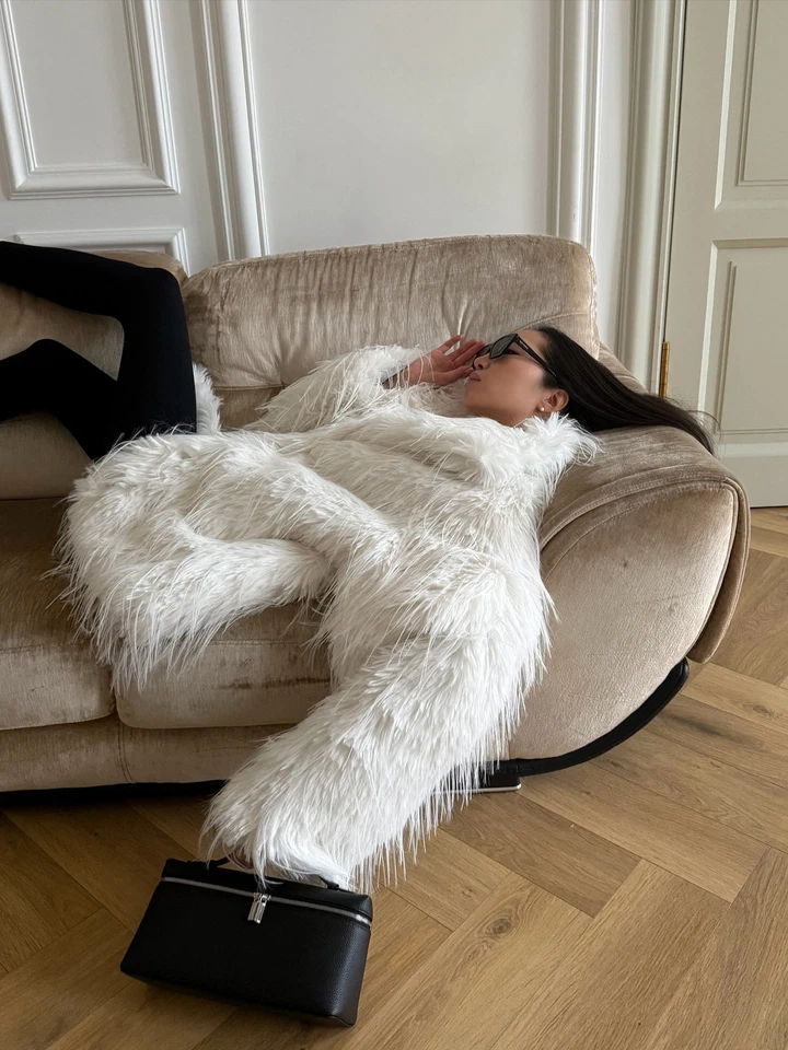 Mujeres Invierno Manga Larga Informal Blanco Corto Lana Real Piel Cálida Larga Chaqueta Prendas para el torso Foto 3 de 4