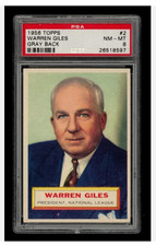 1956 TOPPS Warren Giles Gray Back #2 PSA 8 NM MT Low Pop