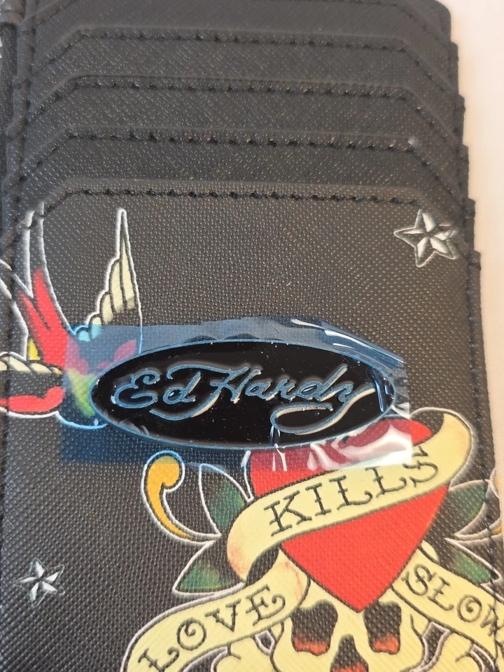 黑色 ED HARDY “LOVE KILLS SLOWLY” 拉链硬币和卡夹 - 全新带标签 — 第 2/4 张图片