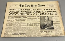 The New York Times May 2 1945 Hitler Dead In Chancellery WW2 Original Newspaper