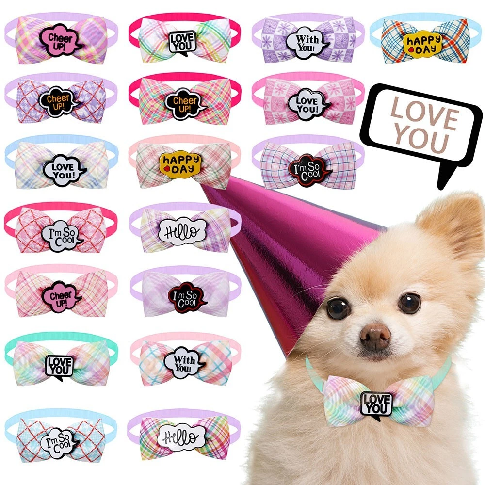 50Pcs Summer Plaid Design Dog Cat Bowtie Grooming Collar Pet Neck Deco Products