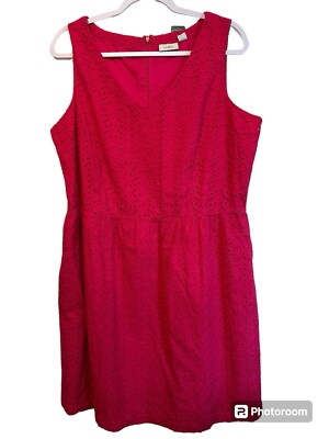 LL Bean NWT Bar Harbor V Neck Dress Magenta Pink Eyelet Sleeveless Size 16
