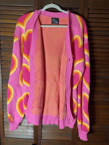 STEADY HANDS CHUNKY CARDIGAN SWEATER SOFT PETAL PINK HEARTS COTTAGE CORE M/L - Picture 7 of 8