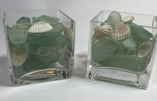 2 Sea Glass and Shells In  Decorative Square Glass vases Nautical Beach Decor 3"