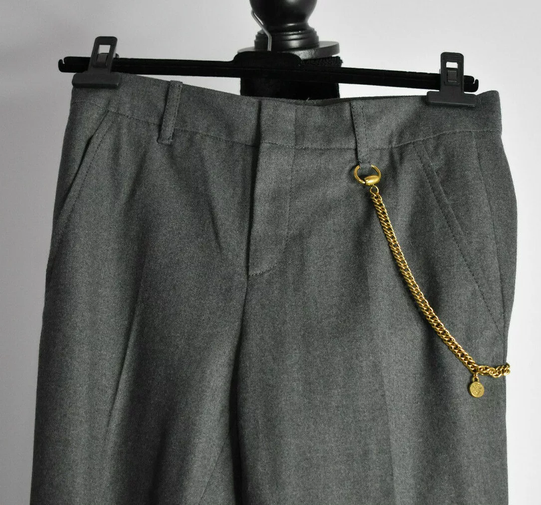 Pantalon GUCCI taille 38 laine plat devant gris chaîne ton or poches médaillon Italie