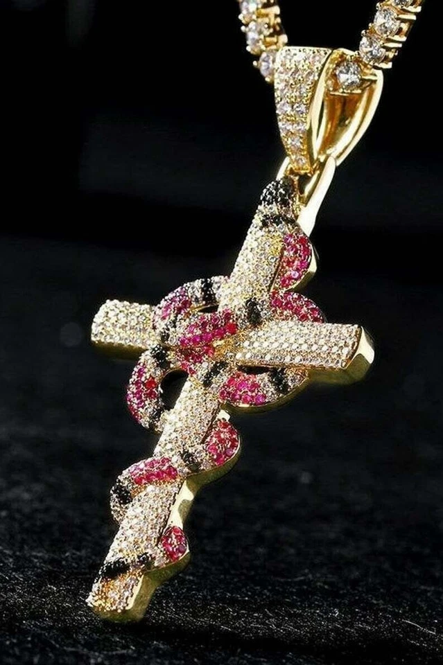 3Ct Round Cut Lab-Created Red Ruby 14K Yellow Gold Plated SNAKE ON-CROSS Pendant - Image 2 of 4