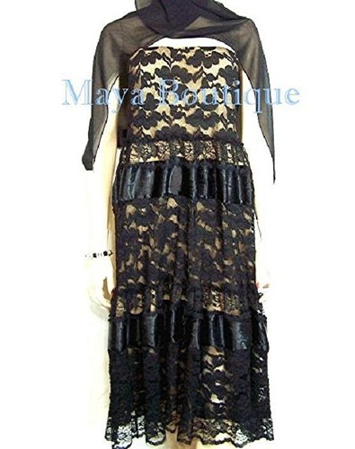 Black Lace Tube Dress / Skirt Embellished with Satin Ribbon Beige Lining S / M - Picture 4 of 6