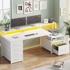 Computer Desk with Power Outlet and LED Lights, 66'' Home Office Desk White 