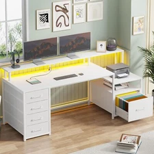 Computer Desk with Power Outlet and LED Lights, 66'' Home Office Desk (White)