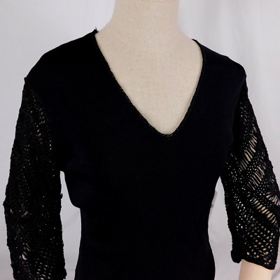 Joseph A Qu'est Ce Que C'est Silk Women Black Top Blouse 3/4 Lace Sleeve Sz M