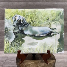 Vintage Watercolor Painting Print Black Lab Dog Water Swimming Pet Original Art