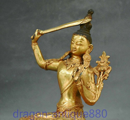 Statua 7,6" Antico tempio buddismo tibetano rame dorato Wenshu Manjushri porta spade - Foto 5 di 10