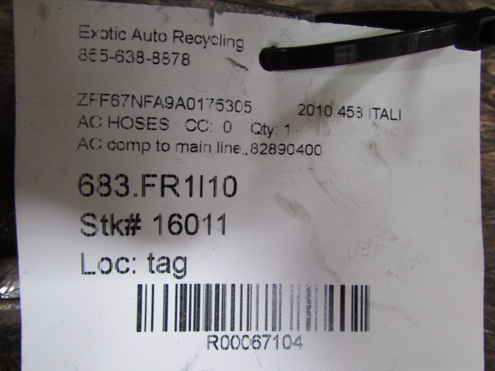 Ferrari 458 Italia, AC Compressor To Main Line Hose, Used, P/N 82890400