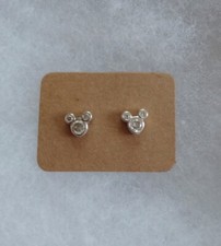 Vintage Disney Mickey Mouse Sterling Silver Earrings Crystal April Birthstone