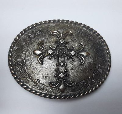 Robbie French Made in USA Belt Buckle Fancy Cross Oval 3.5'' x 2.75'' Floral Etch