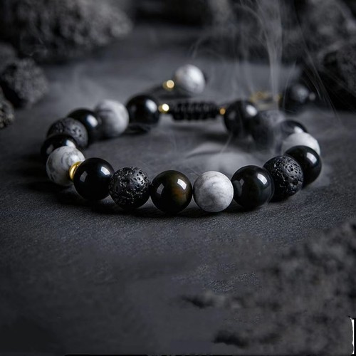 Nuevo brazalete de piedra de lava de obsidiana inspirado en el infinito brazalete de cuentas oscuras para hombre - Imagen 1 de 5