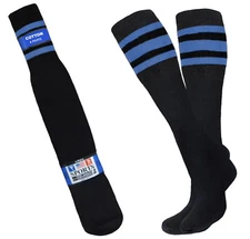 4-8-12 Pk Black with BLUE Stripes tube Socks 22 inch Old School Cotton