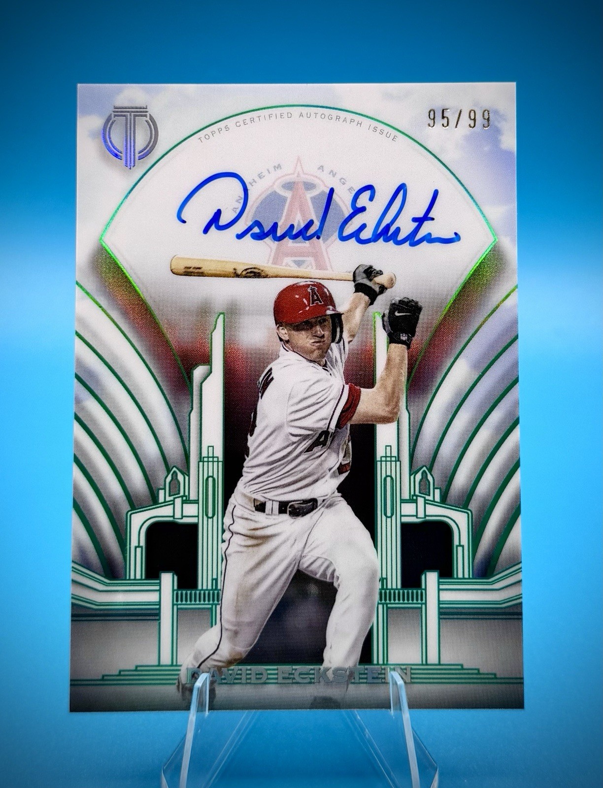 David Eckstein 2026 Topps Tribute Crest Calligraphy Auto Green #d /99 LA Angels
