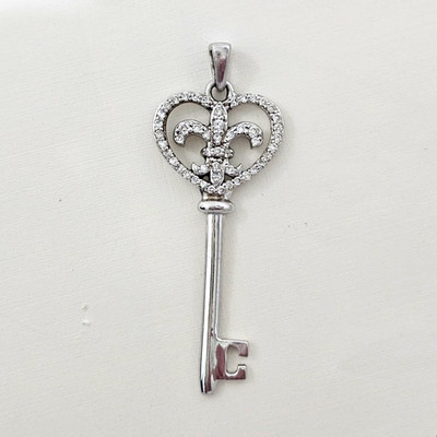 Ramseys Fleur De Lis Heart Key Pendant-Sterling Silver Diamonds 1/2 Carat Weight
