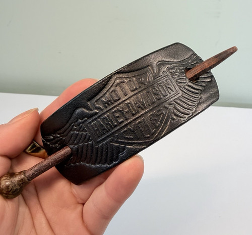 Vintage Harley Davidson Motorcycles Hair Clip Slide Leather Wood Black Brown