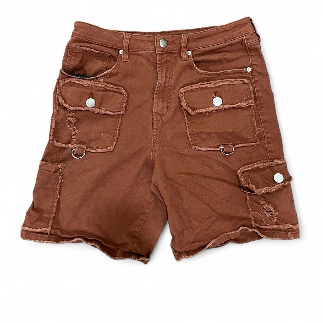 Brown cargo shorts with a distressed, frayed pocket design and metal hardware
Opens in a new window
