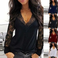 Womens Lace Casual Loose Shirt V-Neck Tops Mesh Sexy Long Sleeve Ladies Blouse
