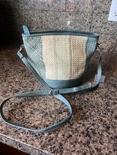 Handwoven Italian leather handbag-greenish/blue bottom strap, Yellow/tan Centr