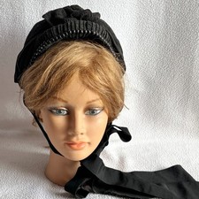 Antique Victorian Black Crepe Ruched Beaded Bonnet