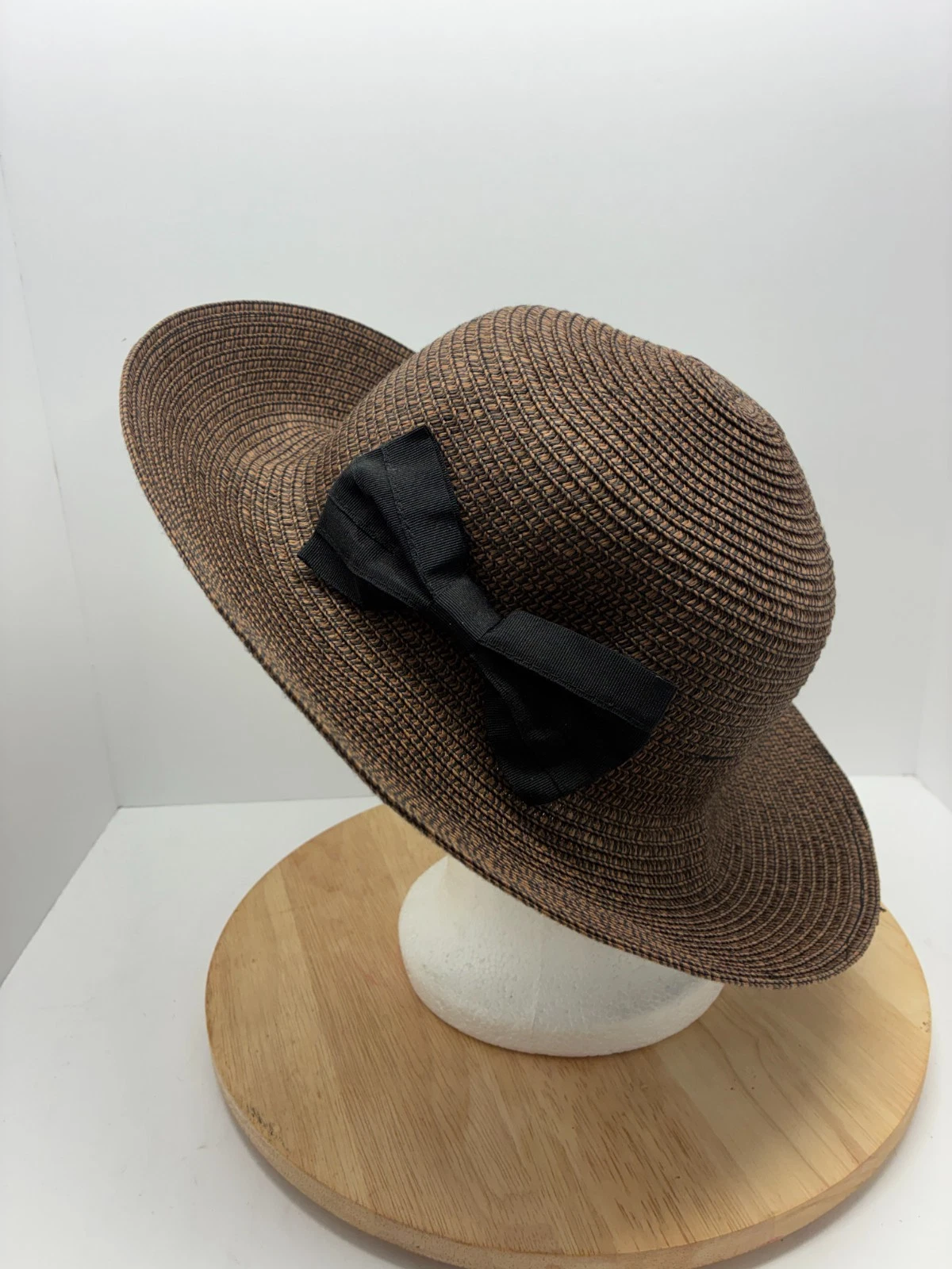 Rampage Womens Wide Brim Sun Hat Brown Woven Floppy Hat w/ Black Bow OS