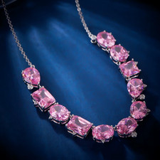 12Ct Multi Cut Lab Created Pink Sapphire Tennis Necklace 14K White Gold Plated