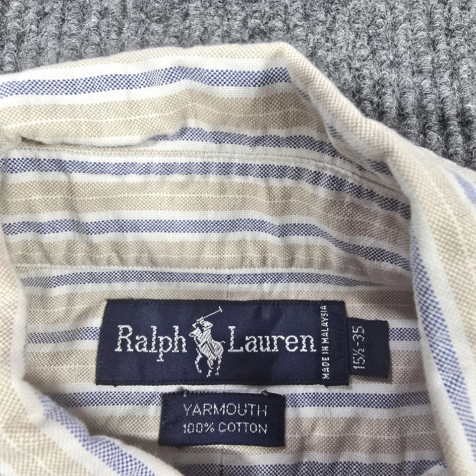 Camisa Ralph Lauren Para Hombre 15.5 35 Beige Azul Rayas Yarmouth Abotonada Algodón Foto 4 de 4