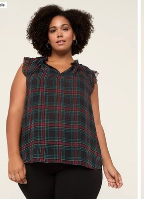LANE BRYANT Dark Plaid Sleeveless Split-Neck Popover Top Blouse Sz 22/24 EUC