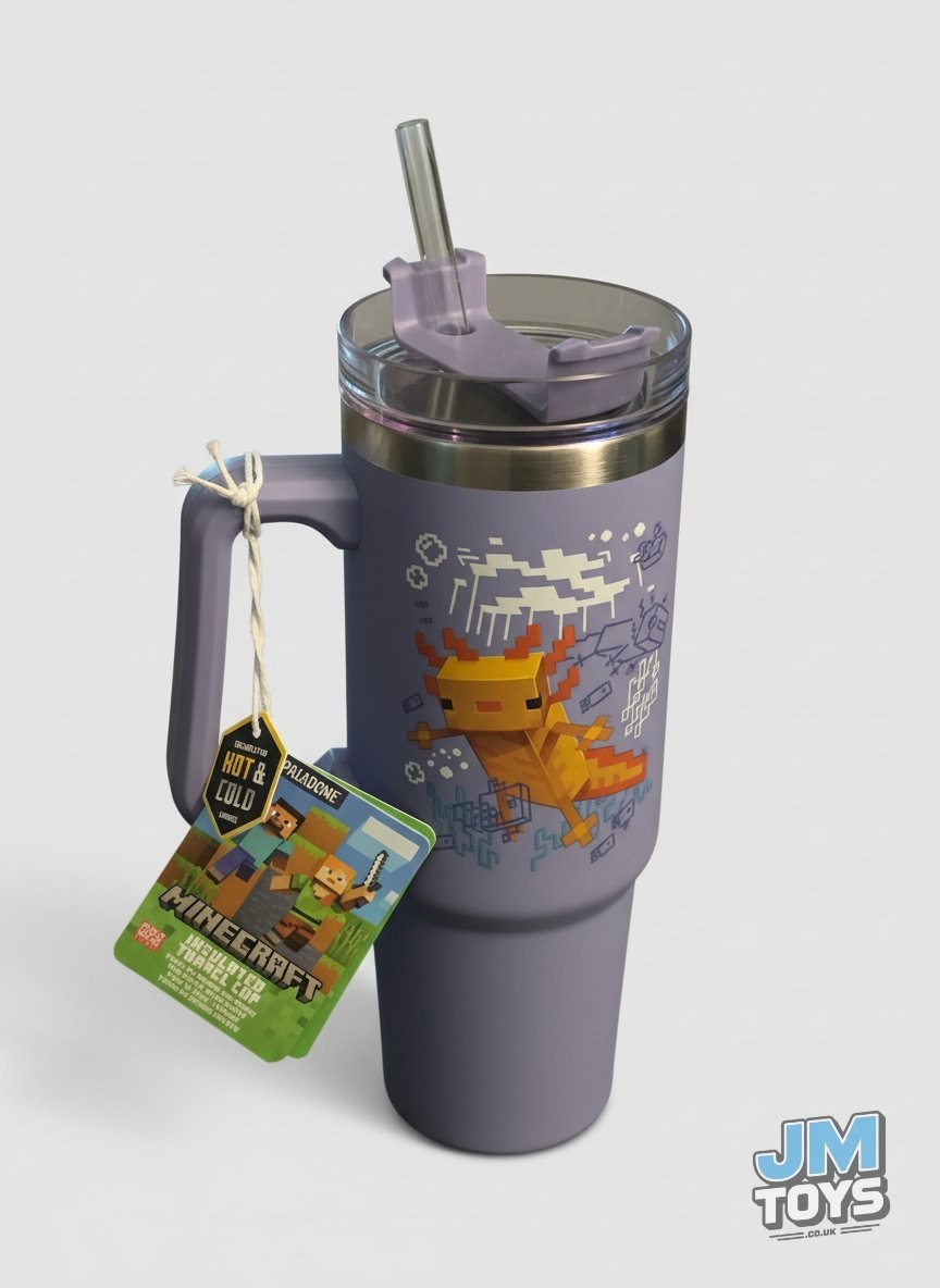 MINECRAFT AXOLOTL | Paladone Minecraft | Purple Insulated Cup and Straw 900ml