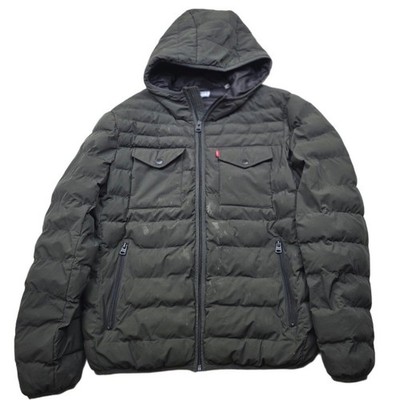 Levi's Puffer Jacket Men's Medium Olive Green Insulated Pockets Hooded WORK