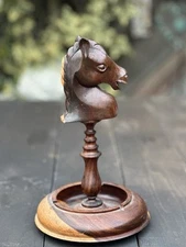 Vtg Ashtray Horse Lounge Smoking Stand-Wooden Horse Cowboy Carved Equestrian MCM