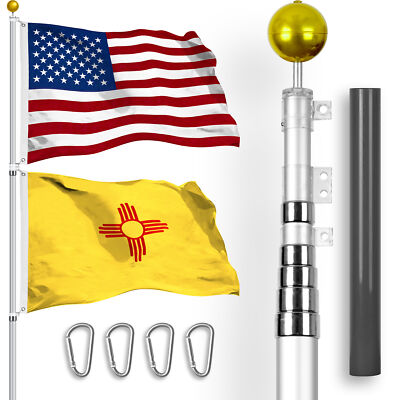 25 Ft Telescoping Flagpole Silver & American and New Mexico Flags Emb 3x5 Ft