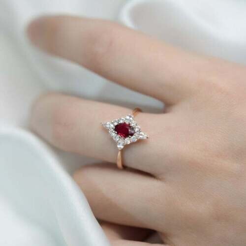 14k Rose Gold 1TCW Oval Lab Grown Ruby & Diamond Women Halo Christmas Gift Ring - Picture 11 of 15