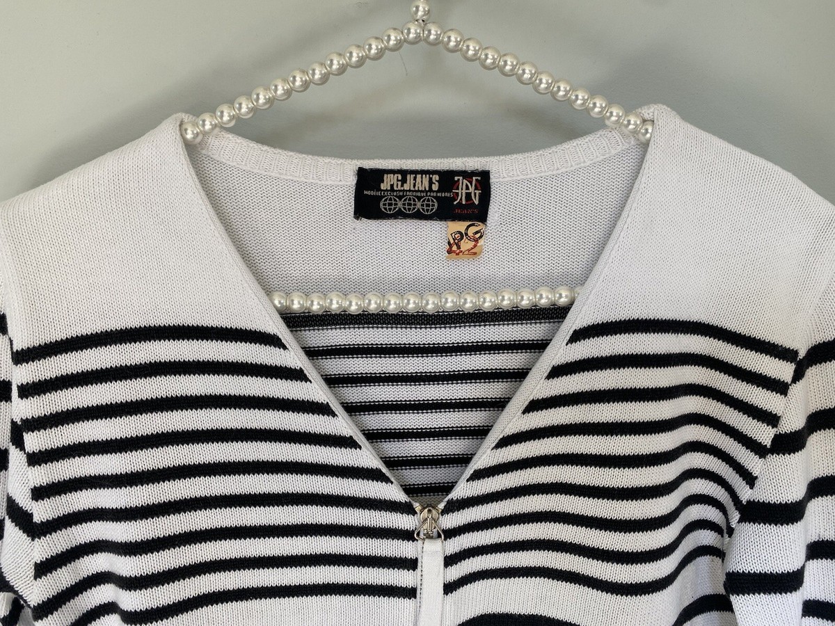 Gilet Zippé Marinière Vintage Jean Paul Gaultier - Taille 38 - Blanc Rayé Bleu Marine - Années 80/90 - Occasion TBE