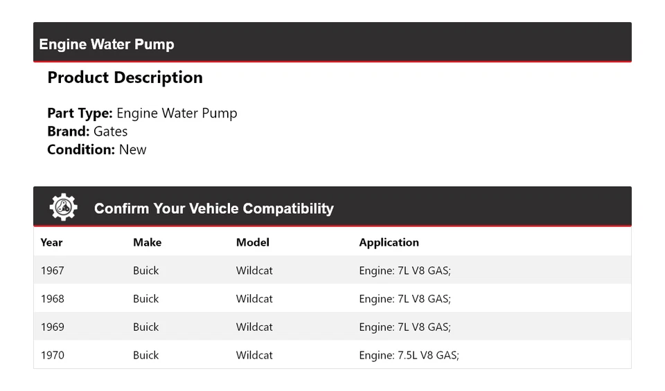 Puertas de bomba de agua para motor Buick Wildcat 1967-1970 1968 1969 Foto 2 de 4